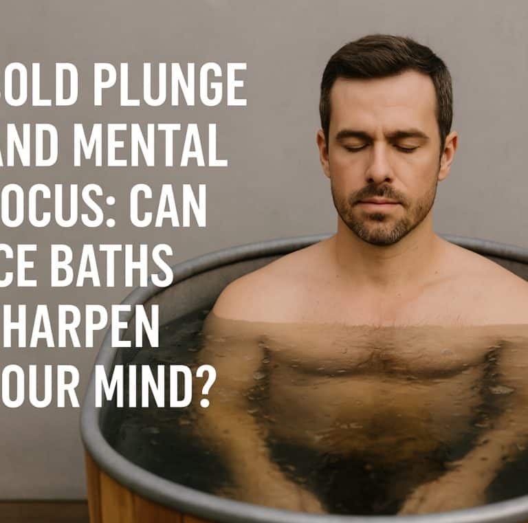 man in outdoor cold plunge tub with focused expression, highlighting mental clarity benefits of ice bath therapy