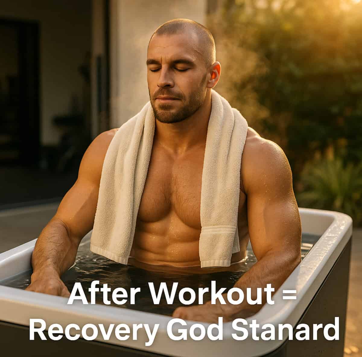 Athlete recovering in a cold plunge after a workout, symbolizing muscle recovery and reduced soreness