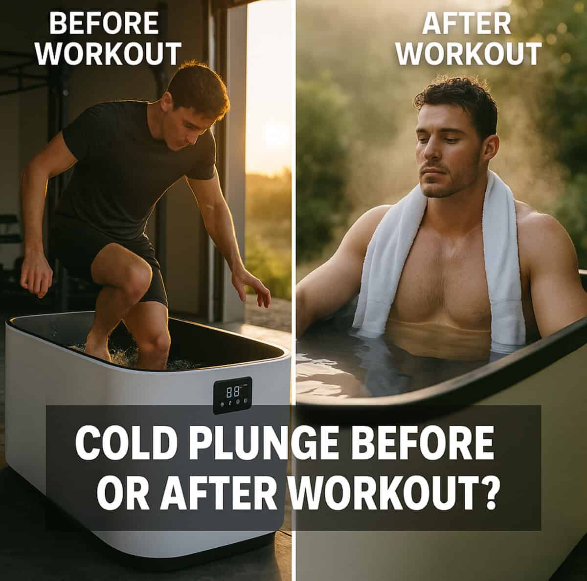 Split-screen photo comparing cold plunges before and after a workout, showing focus vs recovery