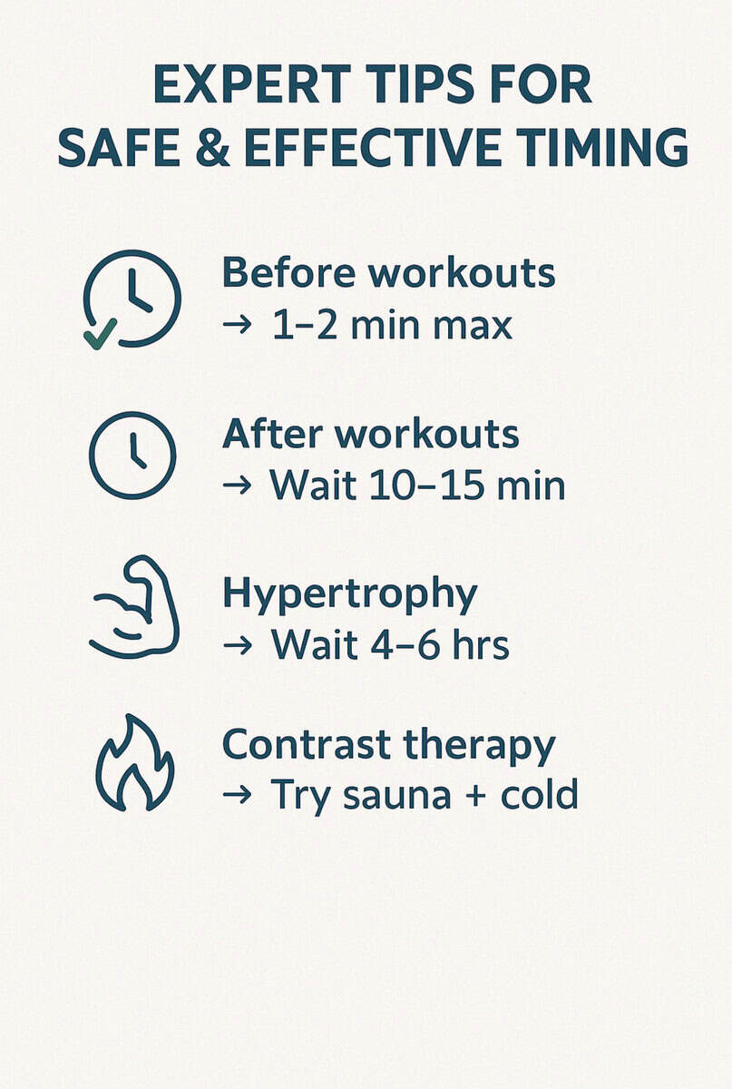 Infographic checklist of expert tips for safe cold plunge timing before and after workouts