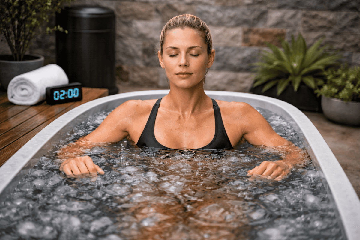 Focused breathing during cold plunge session highlighting safety and preparation before immersion